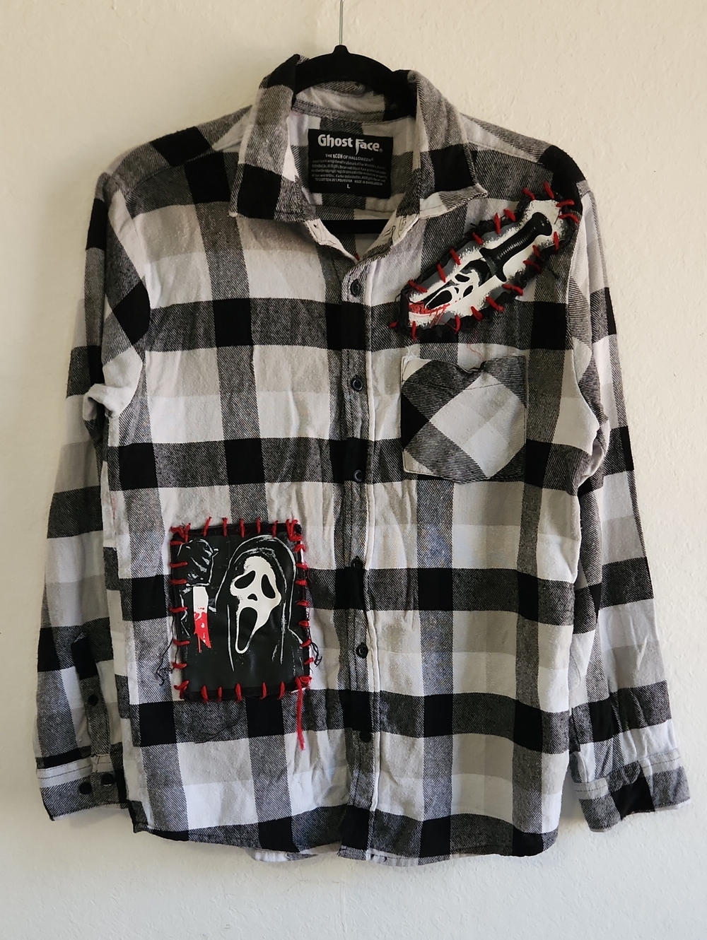 Ghost Face Scream Horror Flannel Plaid Button Up Shirt Red Stitch Patches Size L